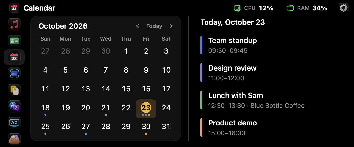 Calendar in the Brow panel