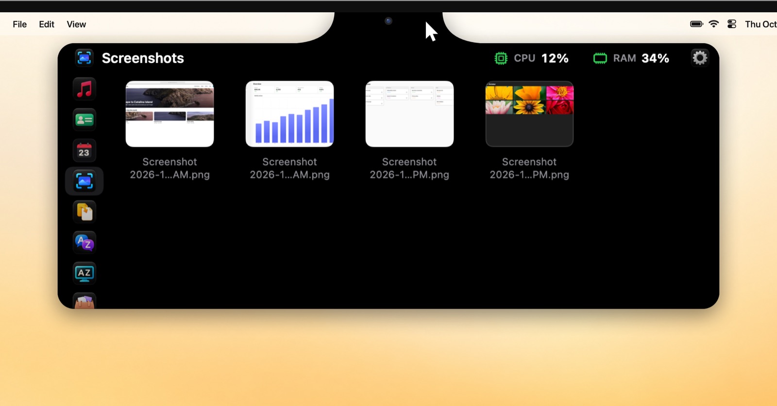 Screenshots in the Brow panel